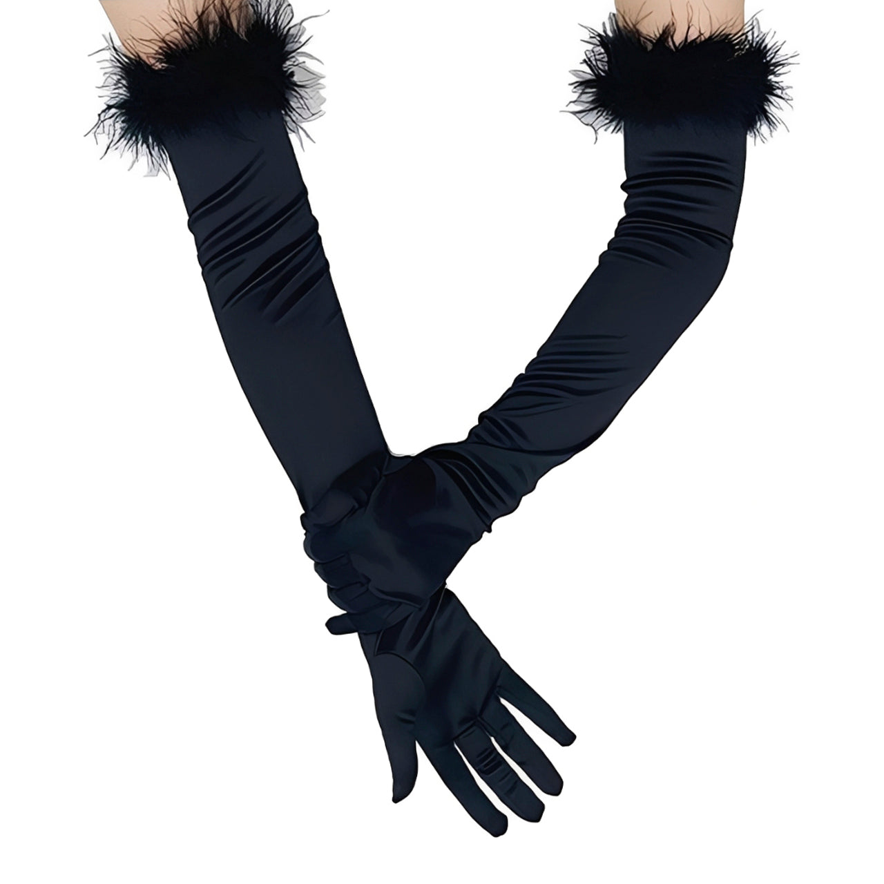 Guantes Satin Negros con Plumas
